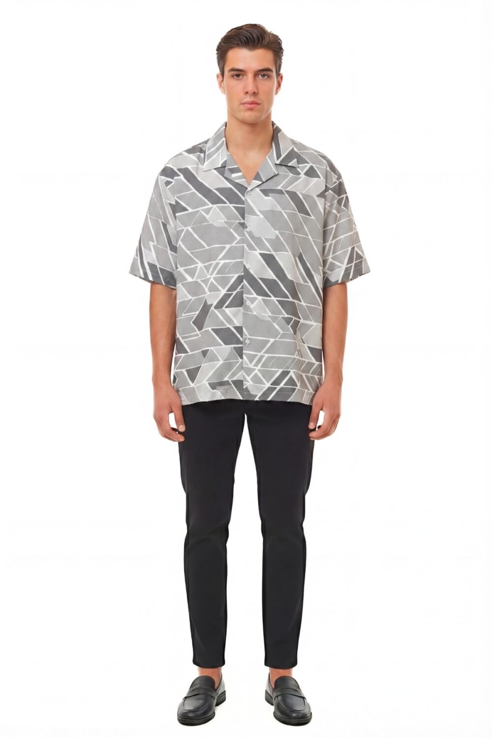 MONOCHROME GEOMETRIC CAMP COLLAR OVERSIZED SHIRT