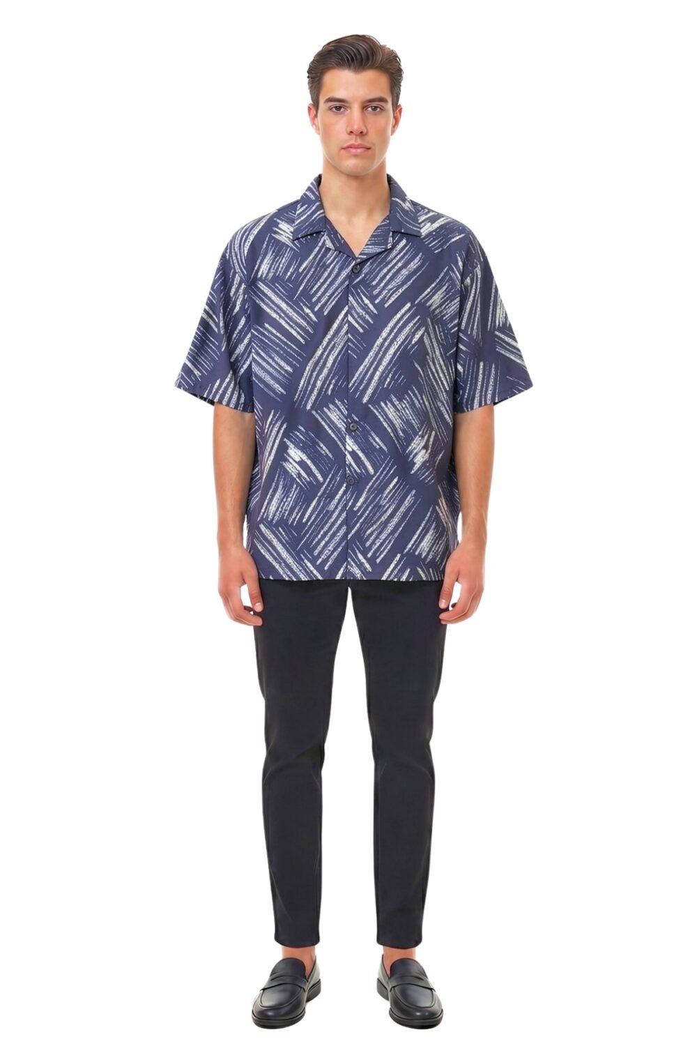 NAVY BRUSHSTROKE HATCH OVERSIZED SHIRT