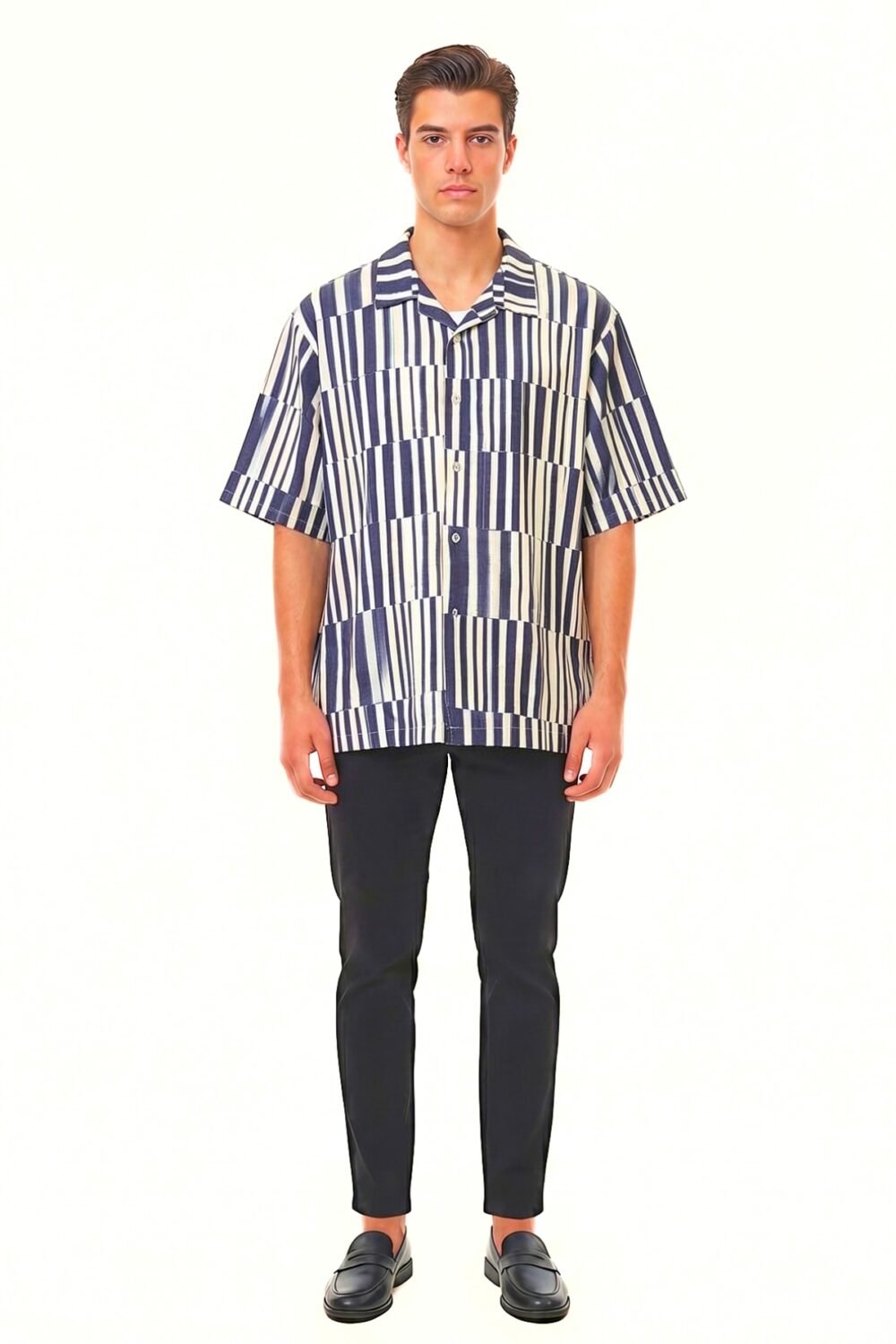 NAVY STAGGERED STRIPE OVERSIZED SHIRT