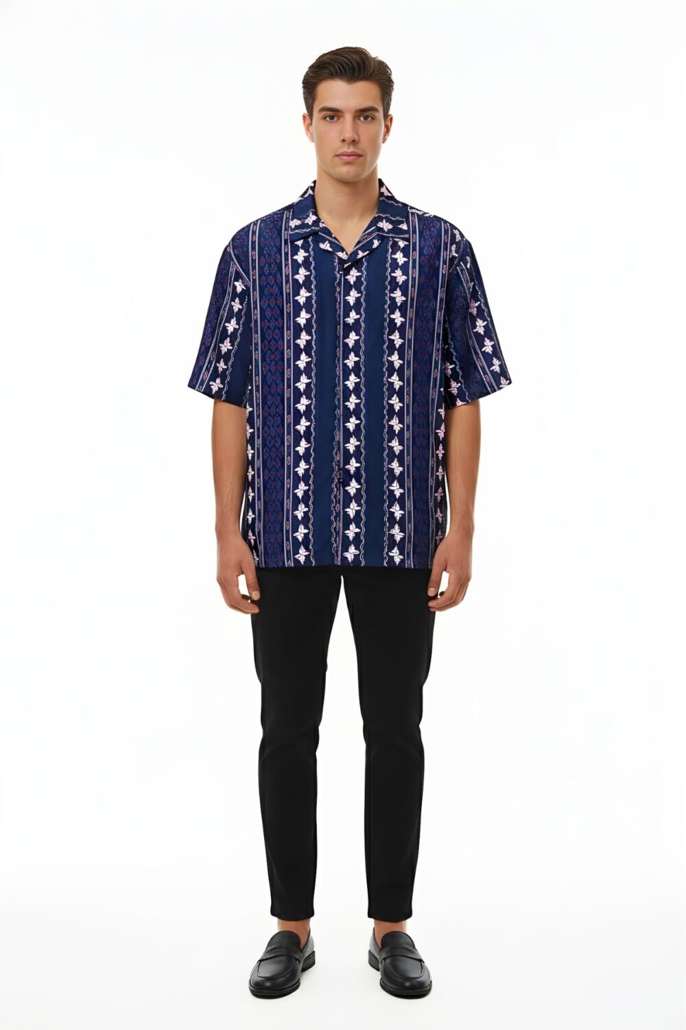 NAVY VINTAGE ORNAMENTAL STRIPE OVERSIZED SHIRT