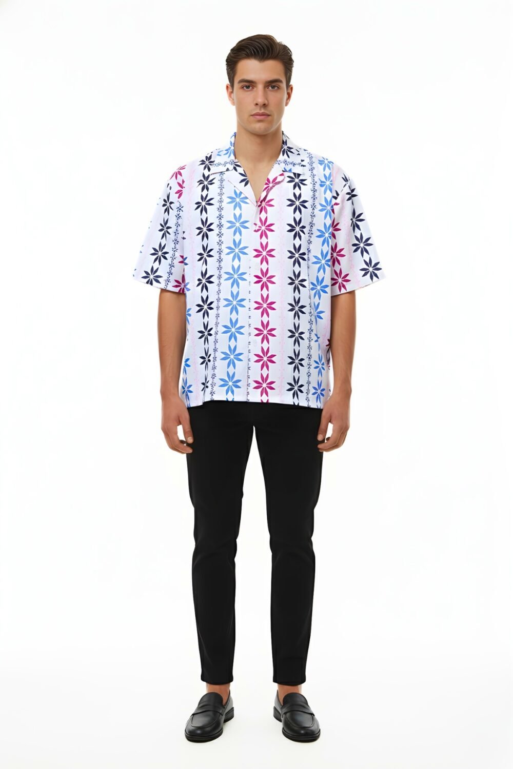 WHITE RETRO FLORAL STRIPE OVERSIZED SHIRT