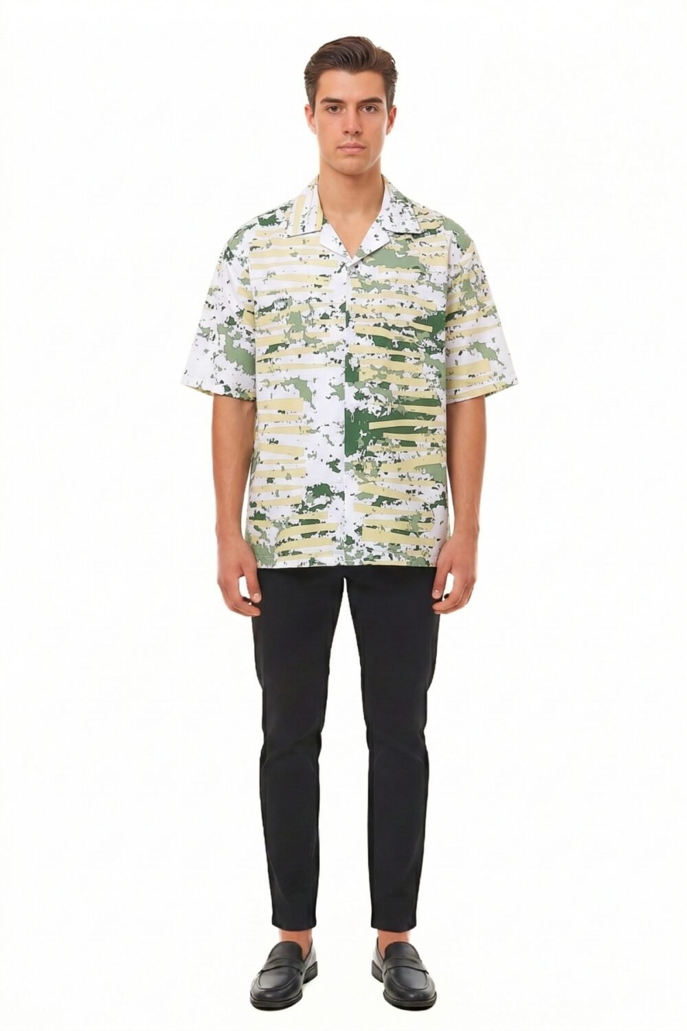 GREEN DISTRESSED CAMO & STRIPE OVERSIZED SHIRT