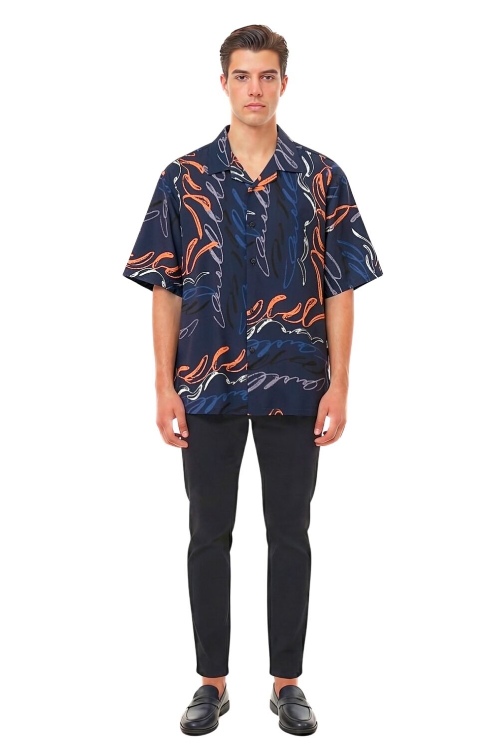 NAVY ABSTRACT CALLIGRAPHY OVERSIZED SHIRT