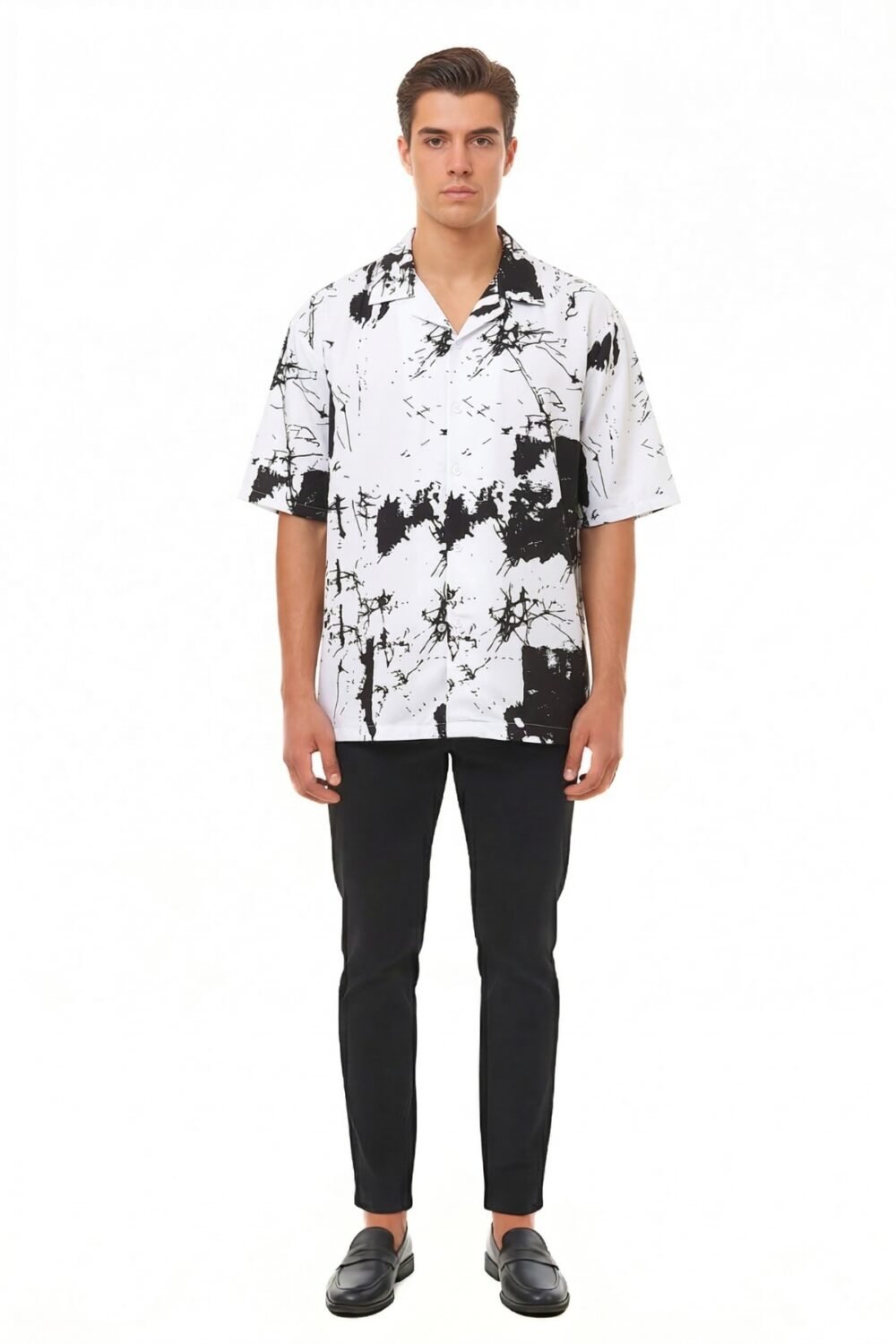 WHITE & BLACK ABSTRACT INK SPLATTER SHIRT