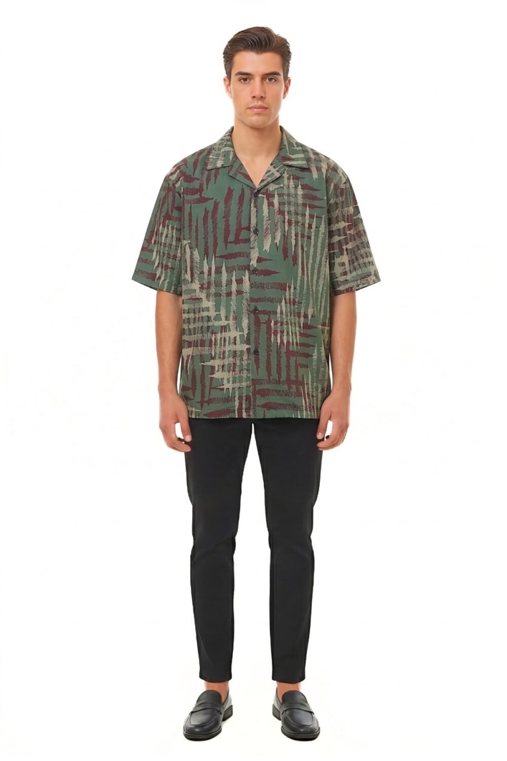 OLIVE & BURGUNDY ABSTRACT HATCH SHIRT