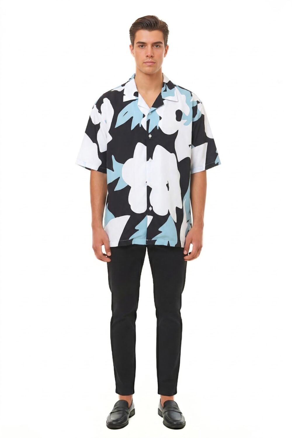 BLACK & ICE BLUE ABSTRACT FLORAL SHIRT