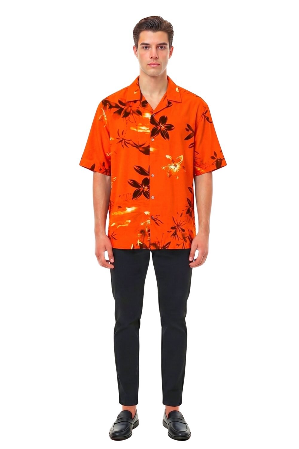 SUNSET ORANGE TROPICAL FLORAL SHIRT