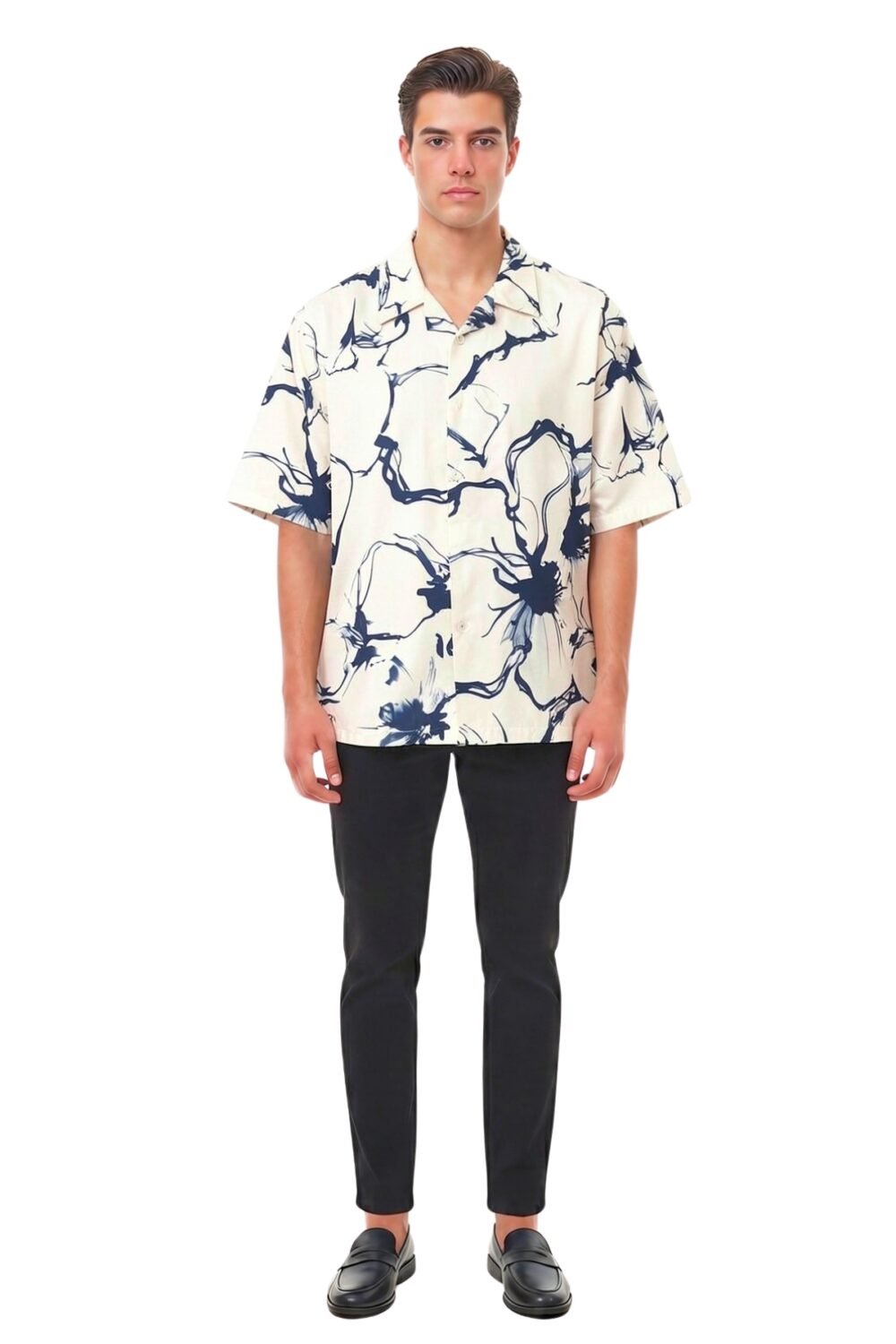 CREAM & NAVY ABSTRACT INK FLORAL SHIRT