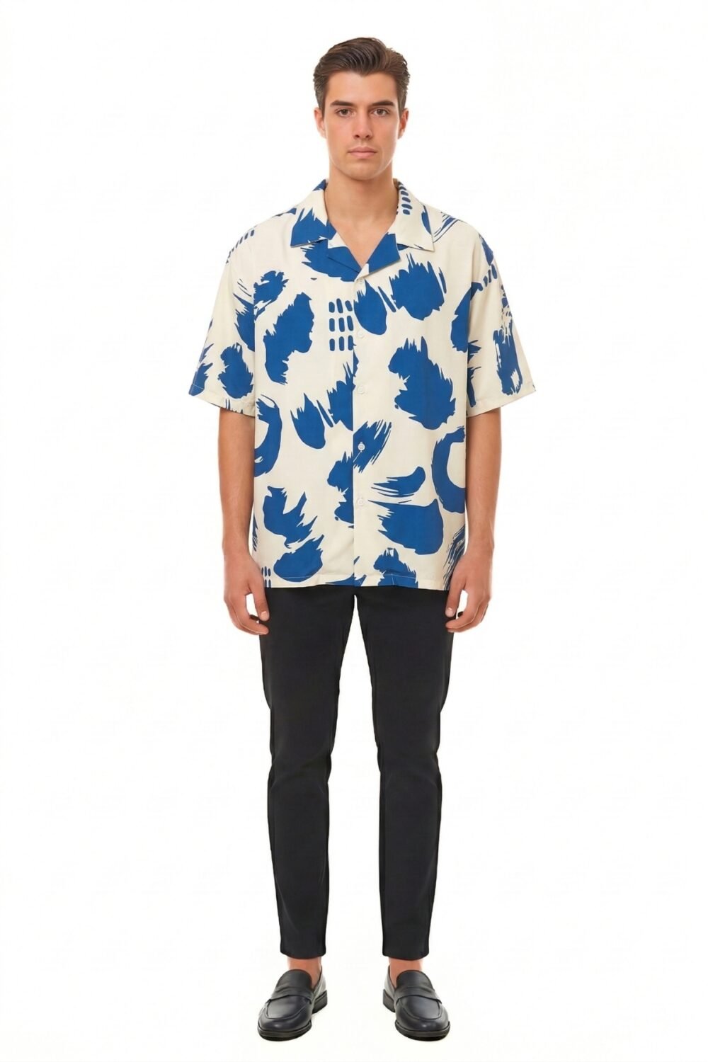 CREAM & COBALT BLUE ABSTRACT BRUSHSTROKE SHIRT
