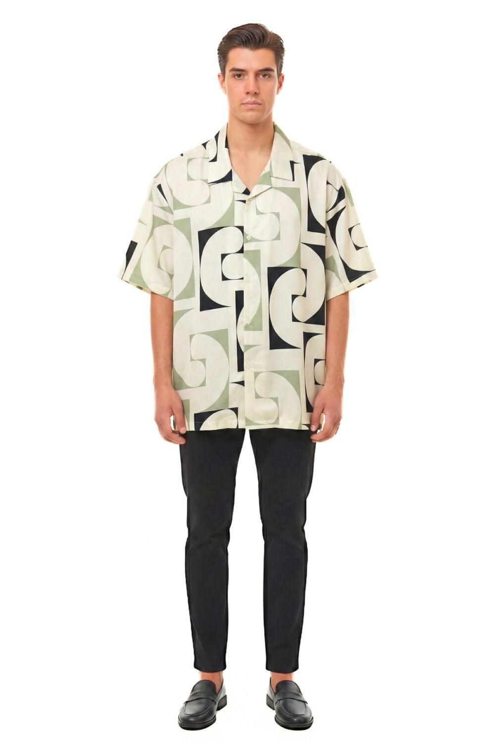 SAGE GREEN & BLACK RETRO GEOMETRIC SHIRT